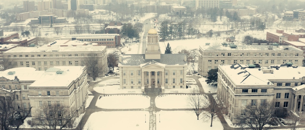 Aerial photo of UI campus in the winter
